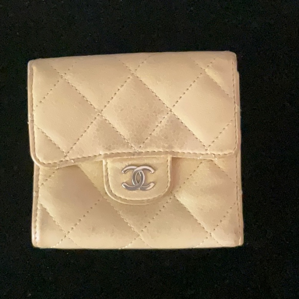 CHANEL Double Flap Quilted Beige Wallet with Silver Logo